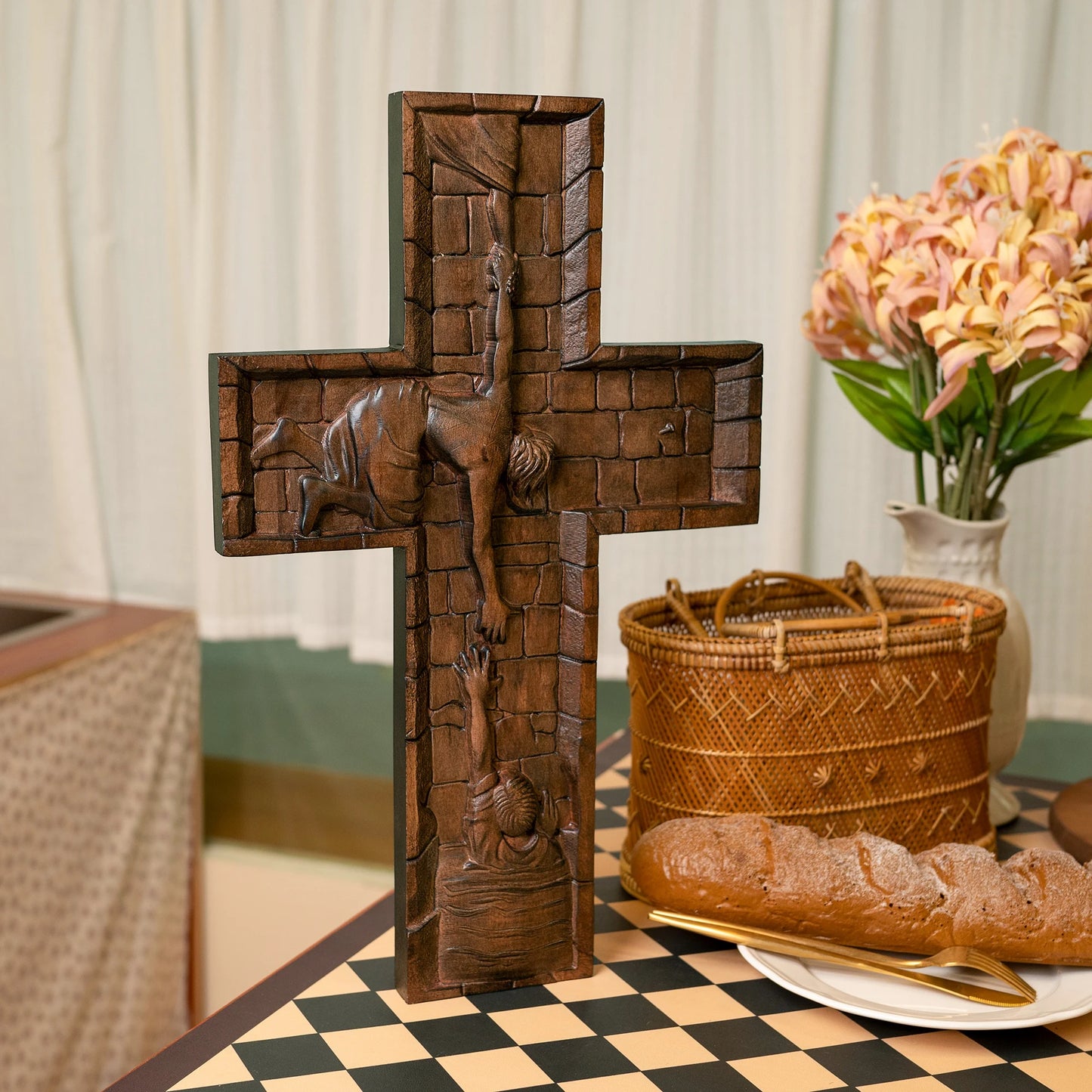 Hand-Carved Wooden Wall Cross – Jesus Christ the Savior | Christian Home Decor & Baptism Gift