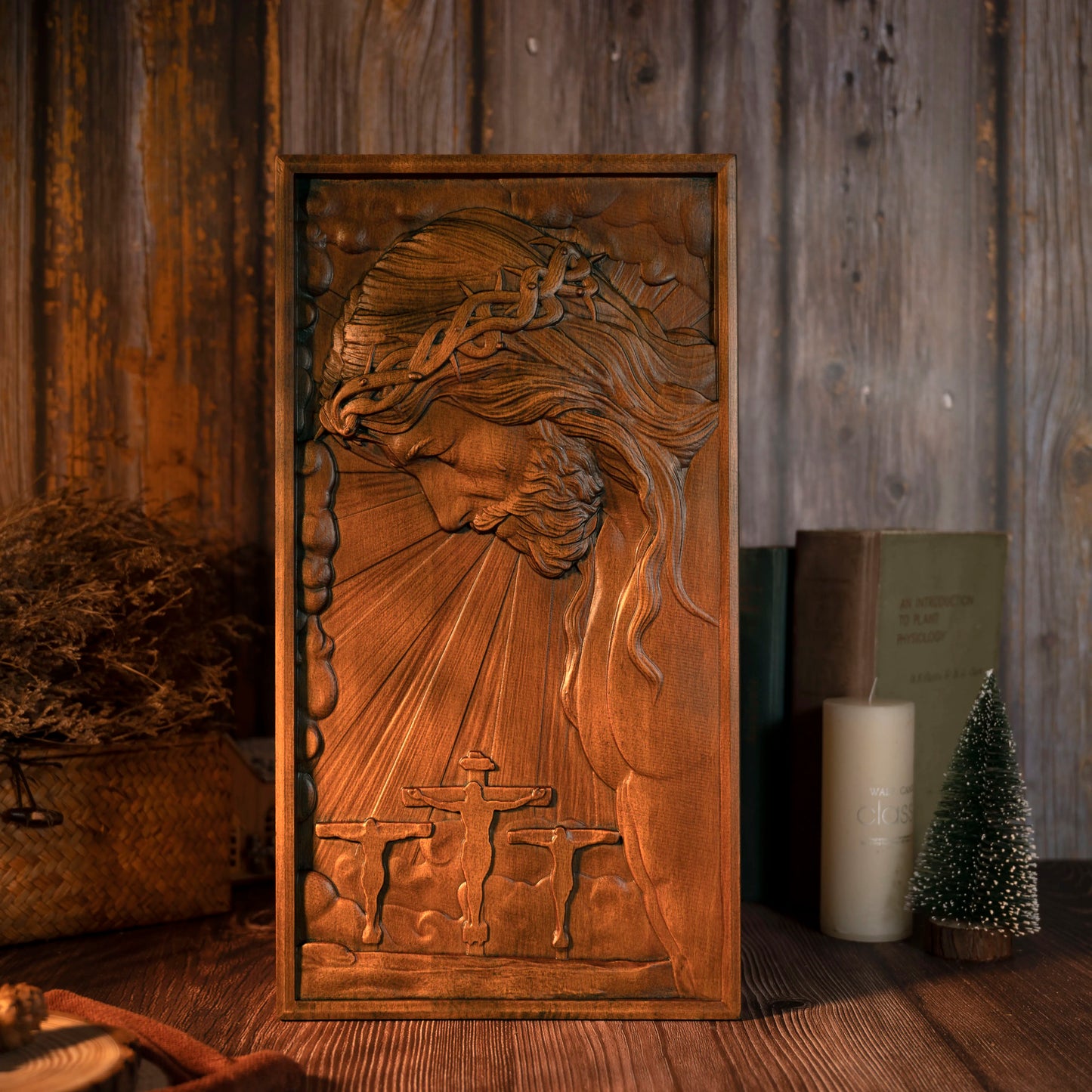 Hand-Carved Crucifix Wood Plaque – Beech Wood Religious Wall Art, Painted Gold,for Home Decor, Christian Wall Hanging, Solid Wood Plaque, Christian Gift