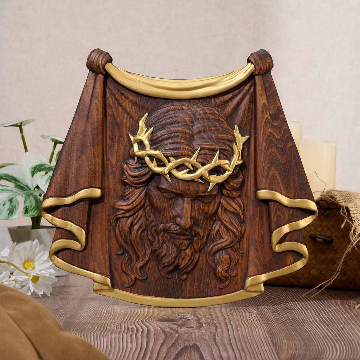 Veronica's Veil hand-carved wooden Jesus portrait wall hanging