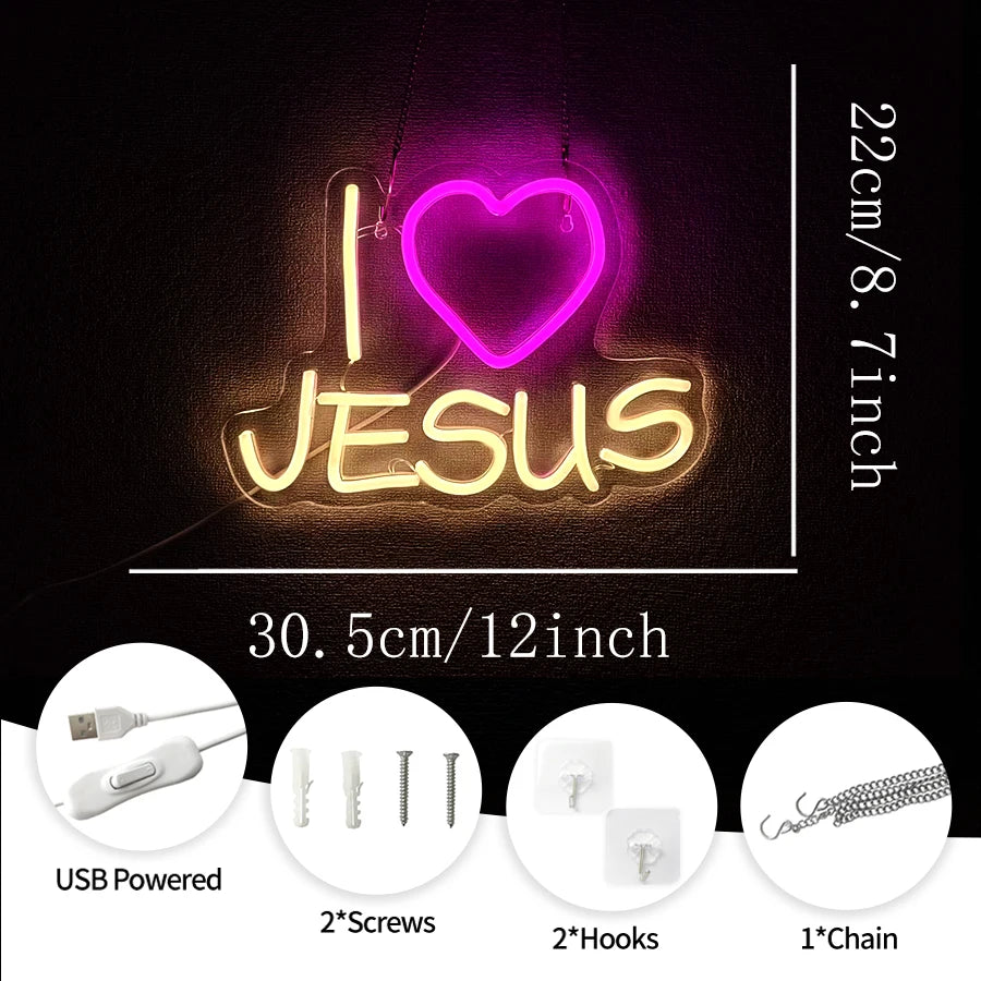 "I Love Jesus" LED Neon Sign – USB-Powered Christian Wall Decor for Home, Church, or Celebration