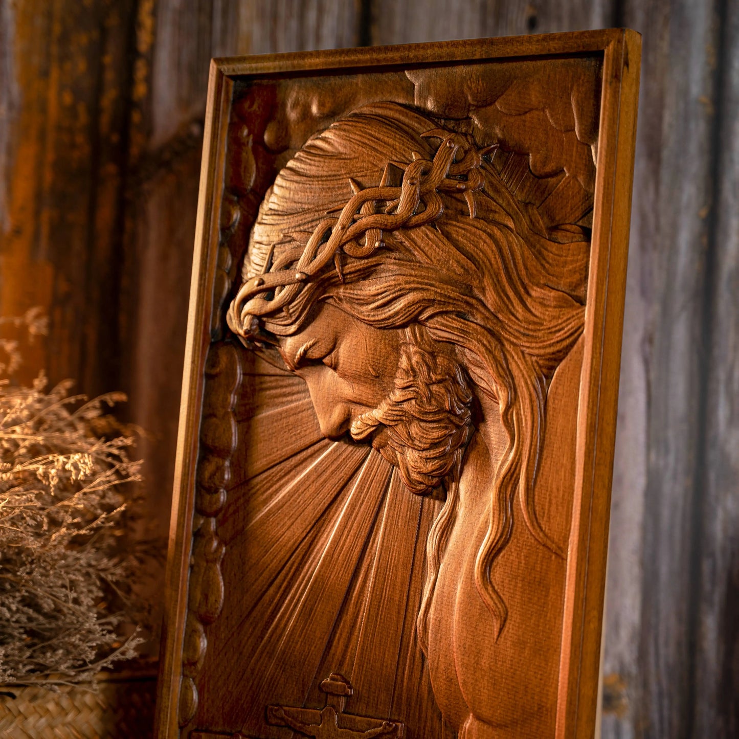 Hand-Carved Crucifix Wood Plaque – Beech Wood Religious Wall Art, Painted Gold,for Home Decor, Christian Wall Hanging, Solid Wood Plaque, Christian Gift