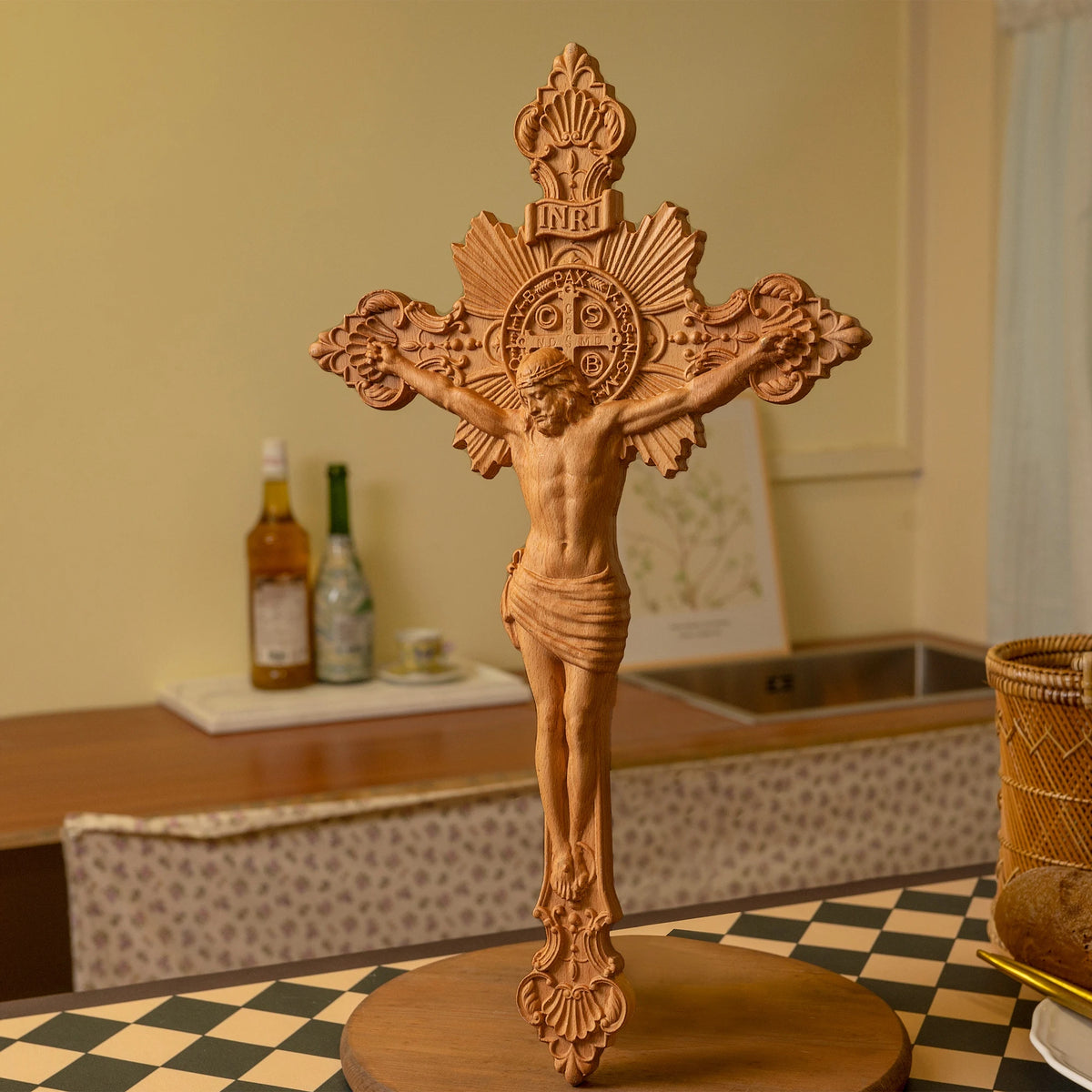 St. Benedict exorcism cross hand-carved wooden crucifix