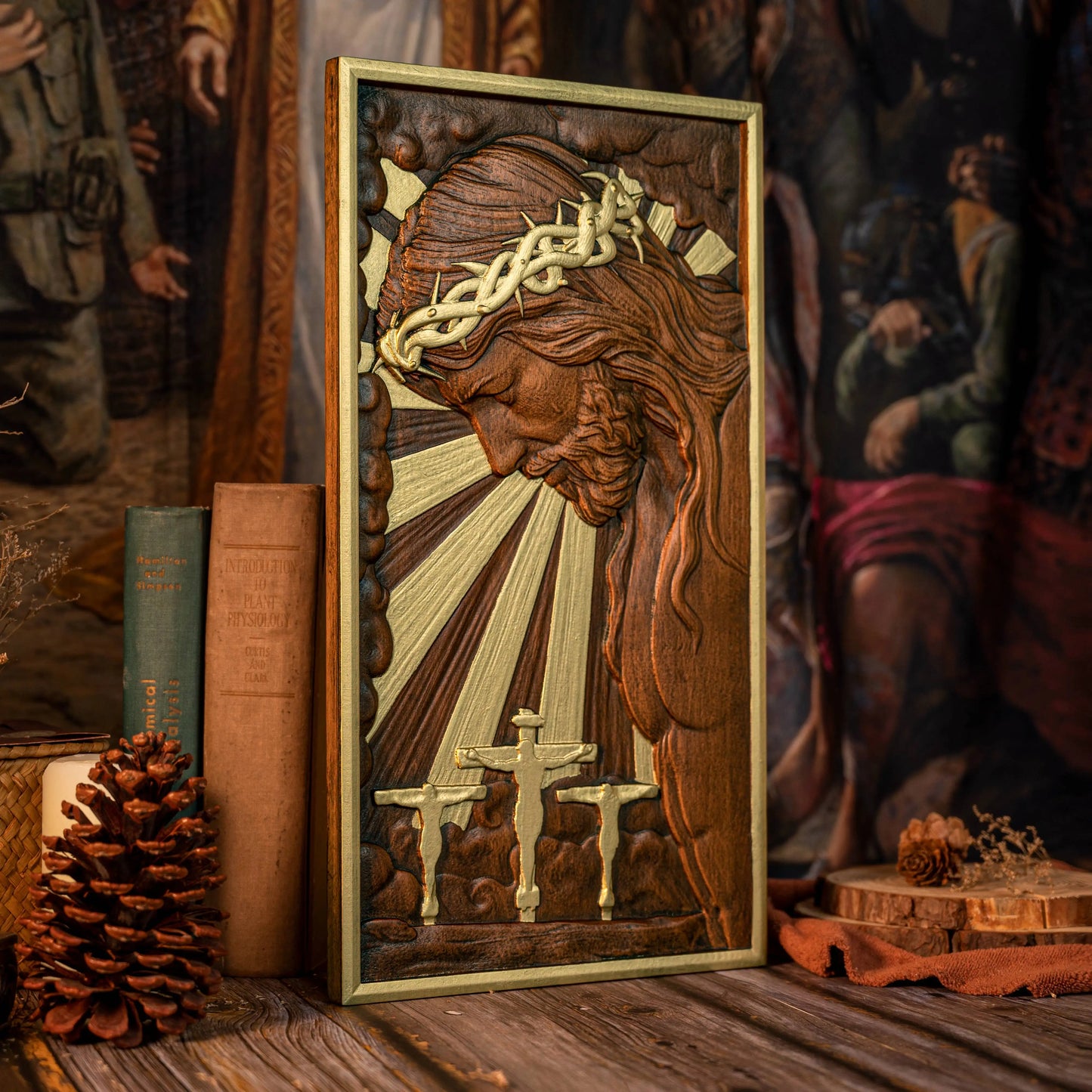 Hand-Carved Crucifix Wood Plaque – Beech Wood Religious Wall Art, Painted Gold,for Home Decor, Christian Wall Hanging, Solid Wood Plaque, Christian Gift