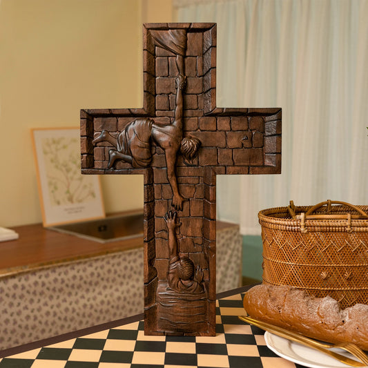 Hand-Carved Wooden Wall Cross – Jesus Christ the Savior | Christian Home Decor & Baptism Gift