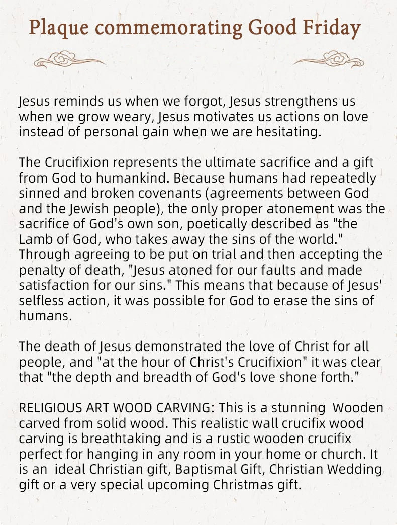 Hand-Carved Crucifix Wood Plaque – Beech Wood Religious Wall Art, Painted Gold,for Home Decor, Christian Wall Hanging, Solid Wood Plaque, Christian Gift