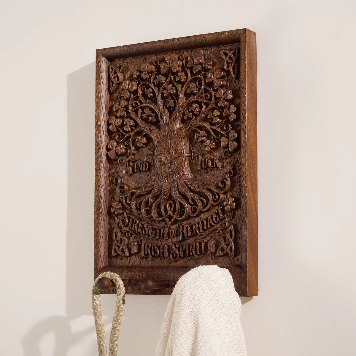 Tree of Life hand-carved wooden wall plaque with hooks