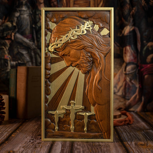 Hand-Carved Crucifix Wood Plaque – Beech Wood Religious Wall Art, Painted Gold,for Home Decor, Christian Wall Hanging, Solid Wood Plaque, Christian Gift