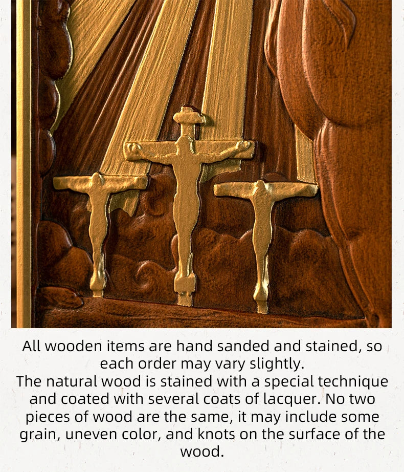 Hand-Carved Crucifix Wood Plaque – Beech Wood Religious Wall Art, Painted Gold,for Home Decor, Christian Wall Hanging, Solid Wood Plaque, Christian Gift