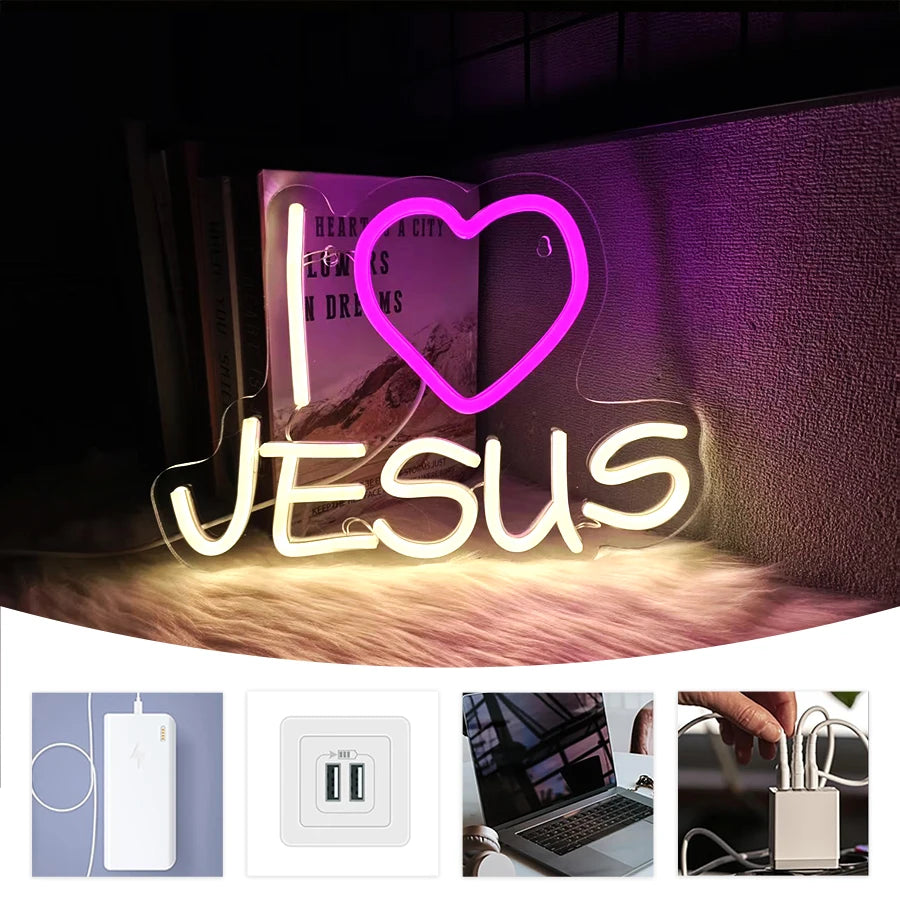 "I Love Jesus" LED Neon Sign – USB-Powered Christian Wall Decor for Home, Church, or Celebration
