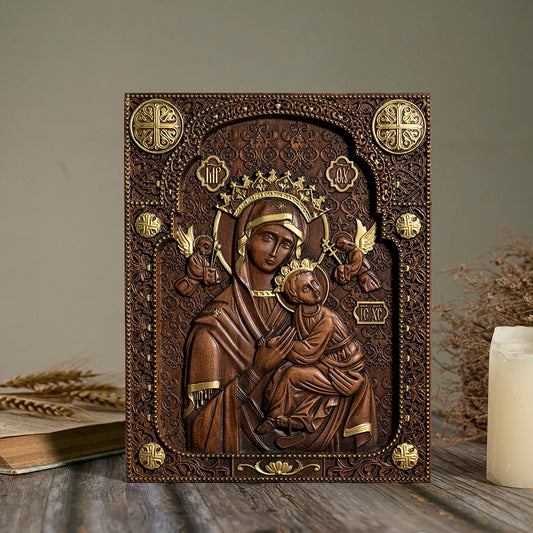 Our Lady of Perpetual Help hand-carved wooden wall icon