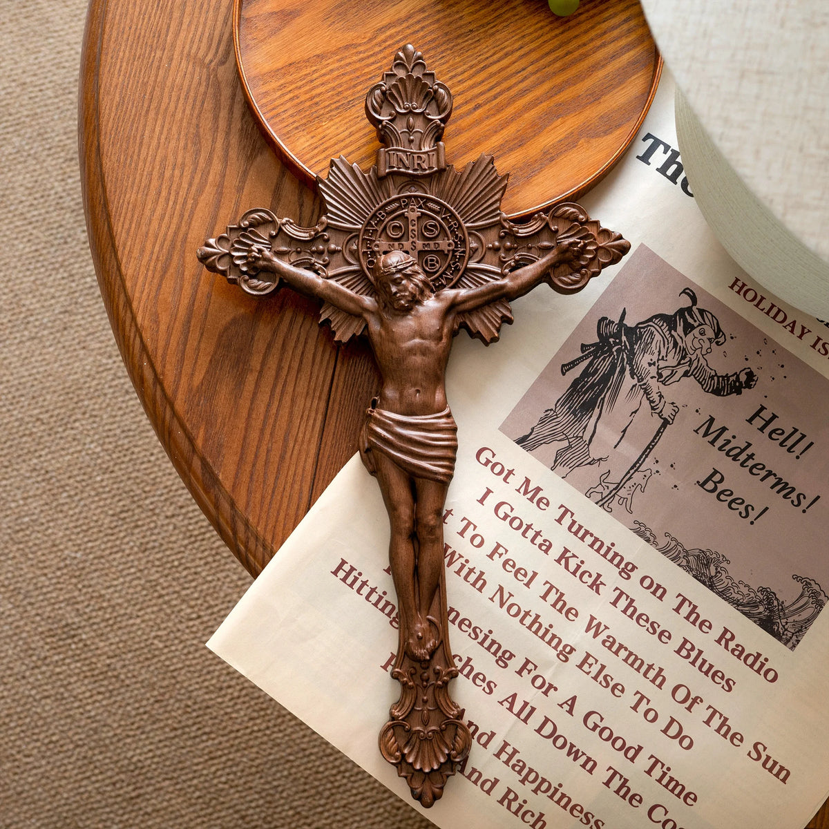 St. Benedict exorcism cross hand-carved wooden crucifix