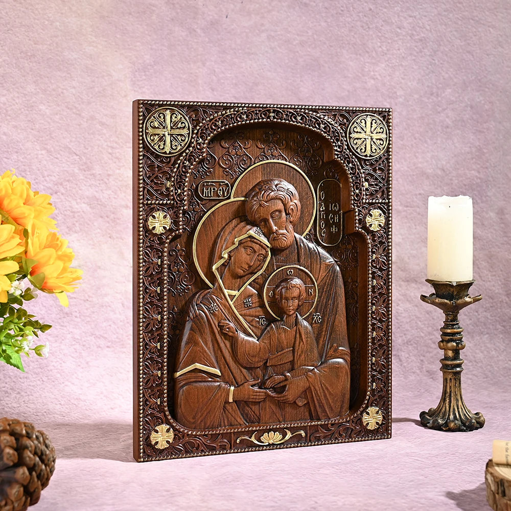 Holy Family hand-carved wooden wall icon