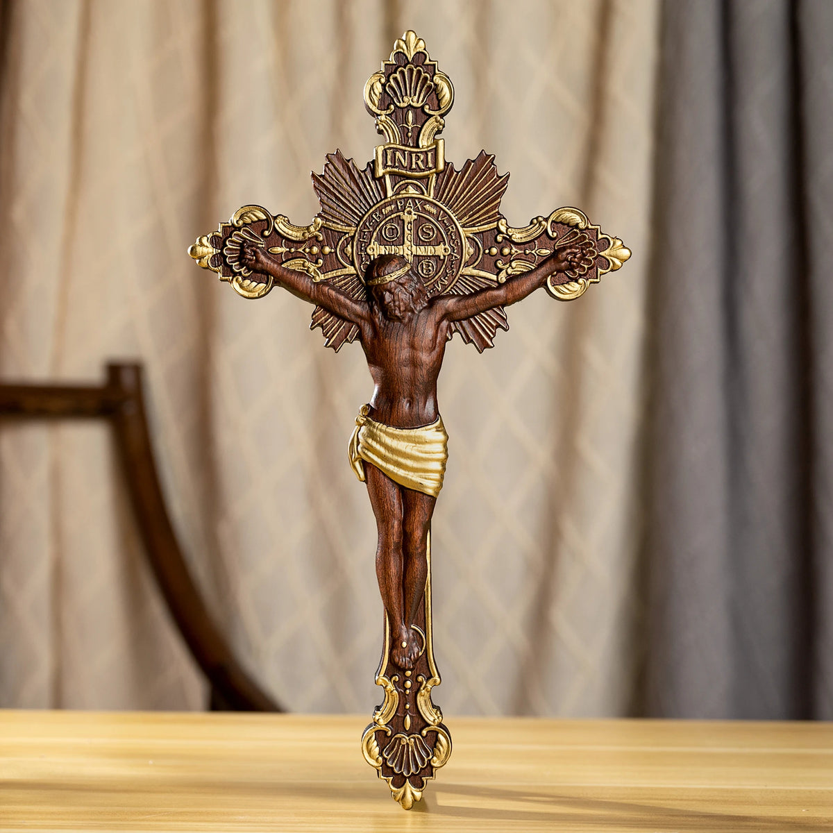 St. Benedict exorcism cross hand-carved wooden crucifix