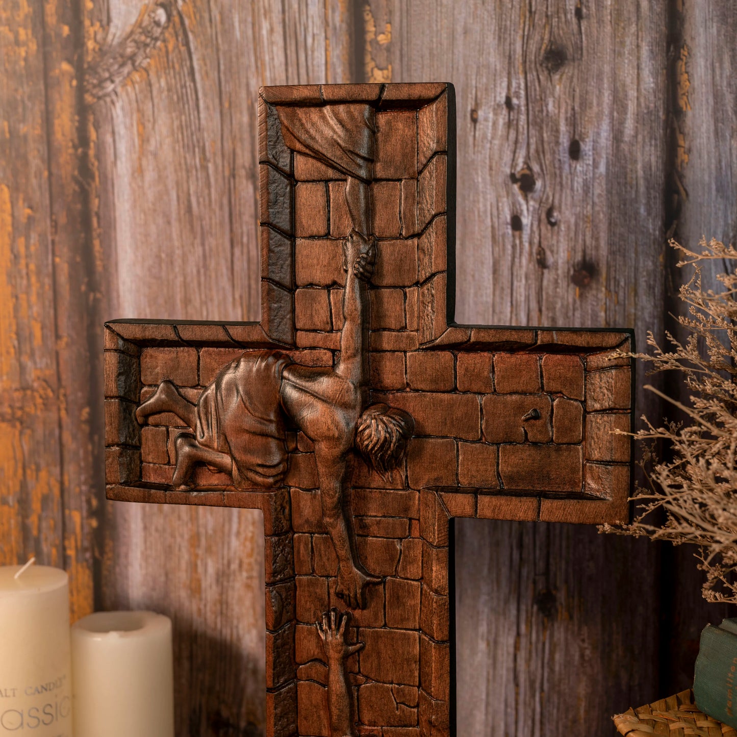 Hand-Carved Wooden Wall Cross – Jesus Christ the Savior | Christian Home Decor & Baptism Gift