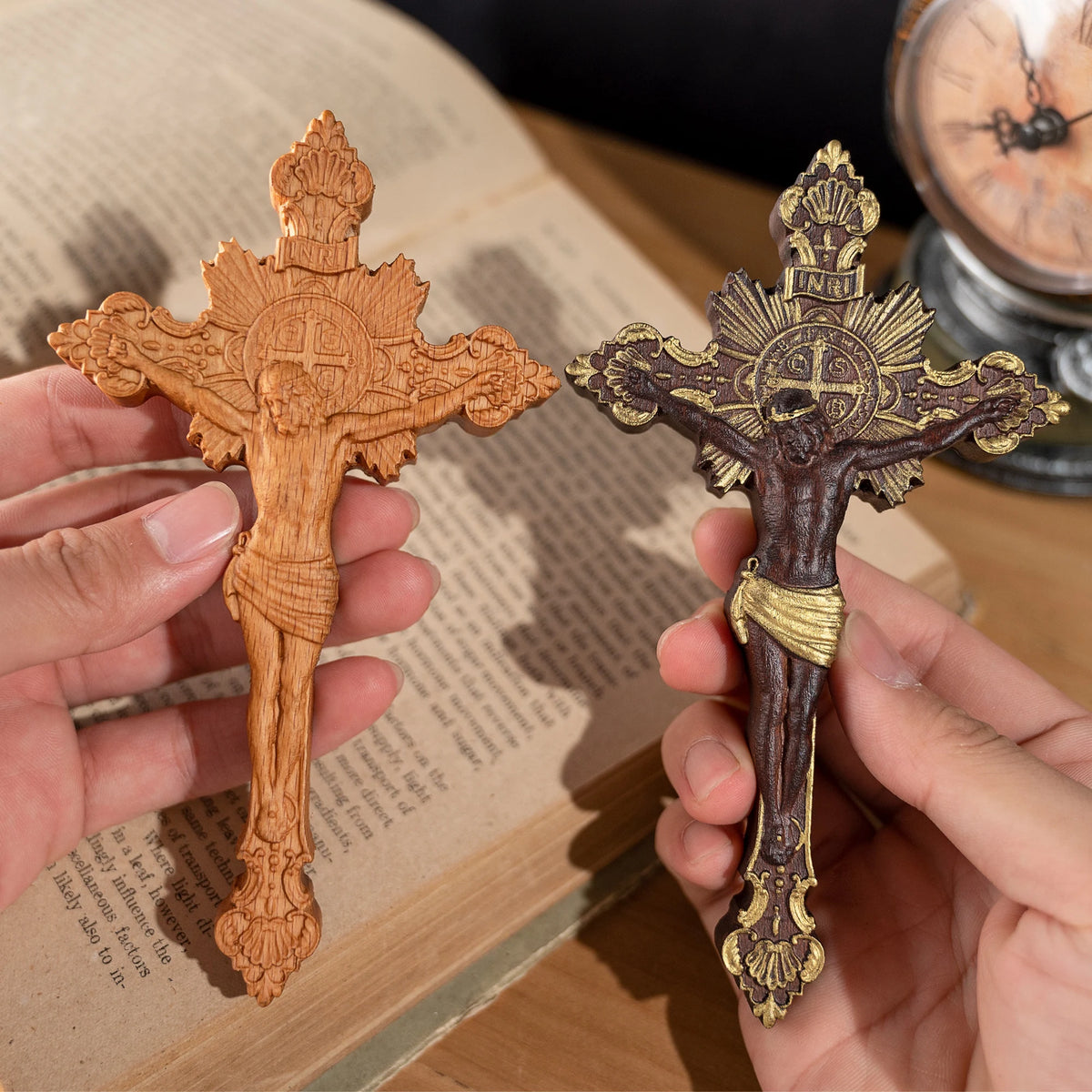 St. Benedict exorcism cross hand-carved wooden crucifix