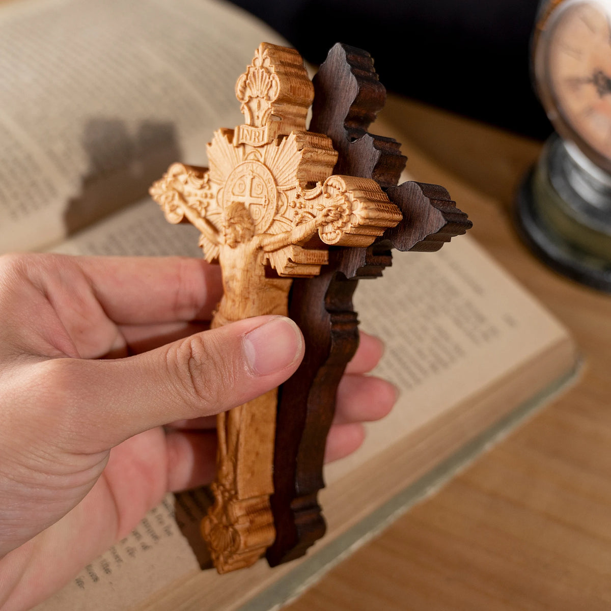 St. Benedict exorcism cross hand-carved wooden crucifix
