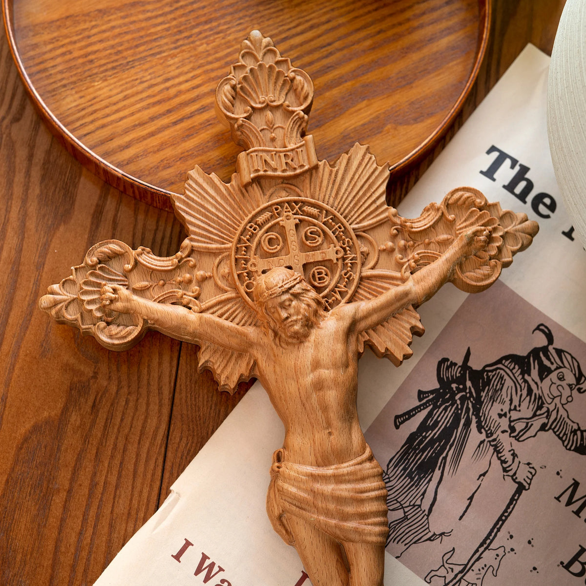 St. Benedict exorcism cross hand-carved wooden crucifix