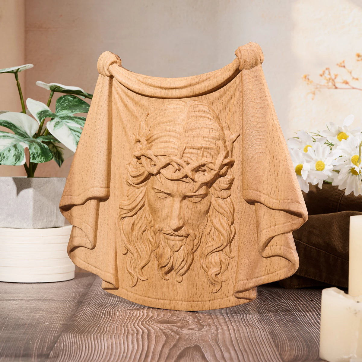 Veronica's Veil hand-carved wooden Jesus portrait wall hanging