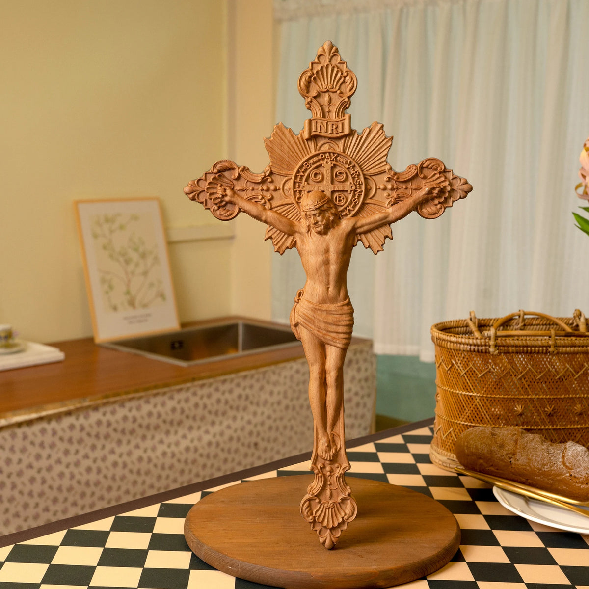 St. Benedict exorcism cross hand-carved wooden crucifix