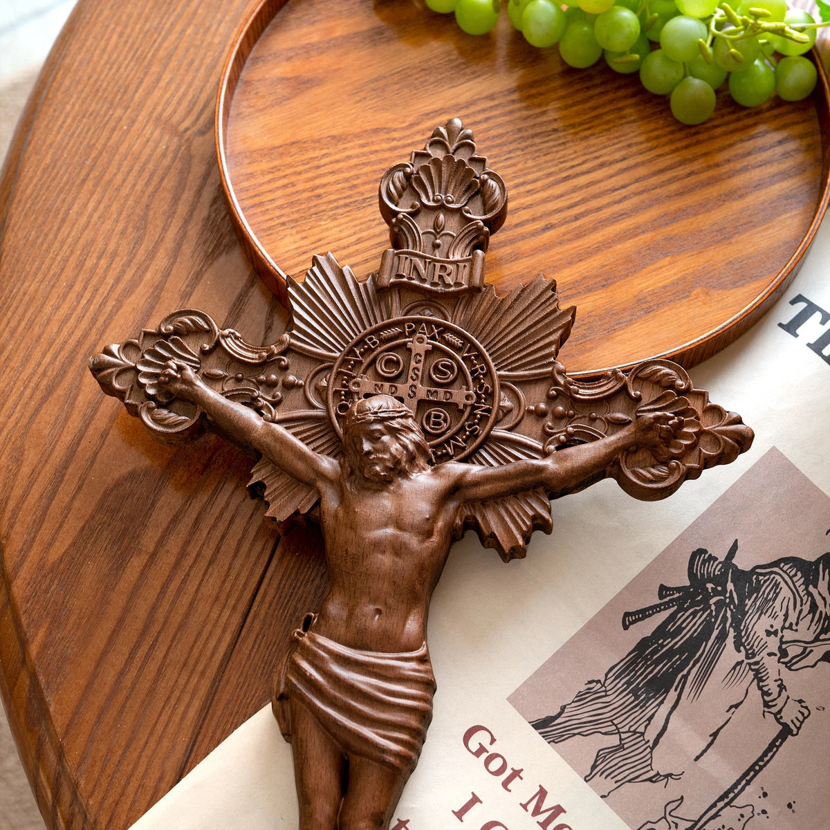 St. Benedict exorcism cross hand-carved wooden crucifix