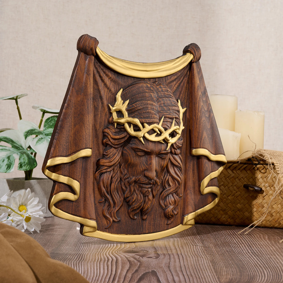 Veronica's Veil hand-carved wooden Jesus portrait wall hanging
