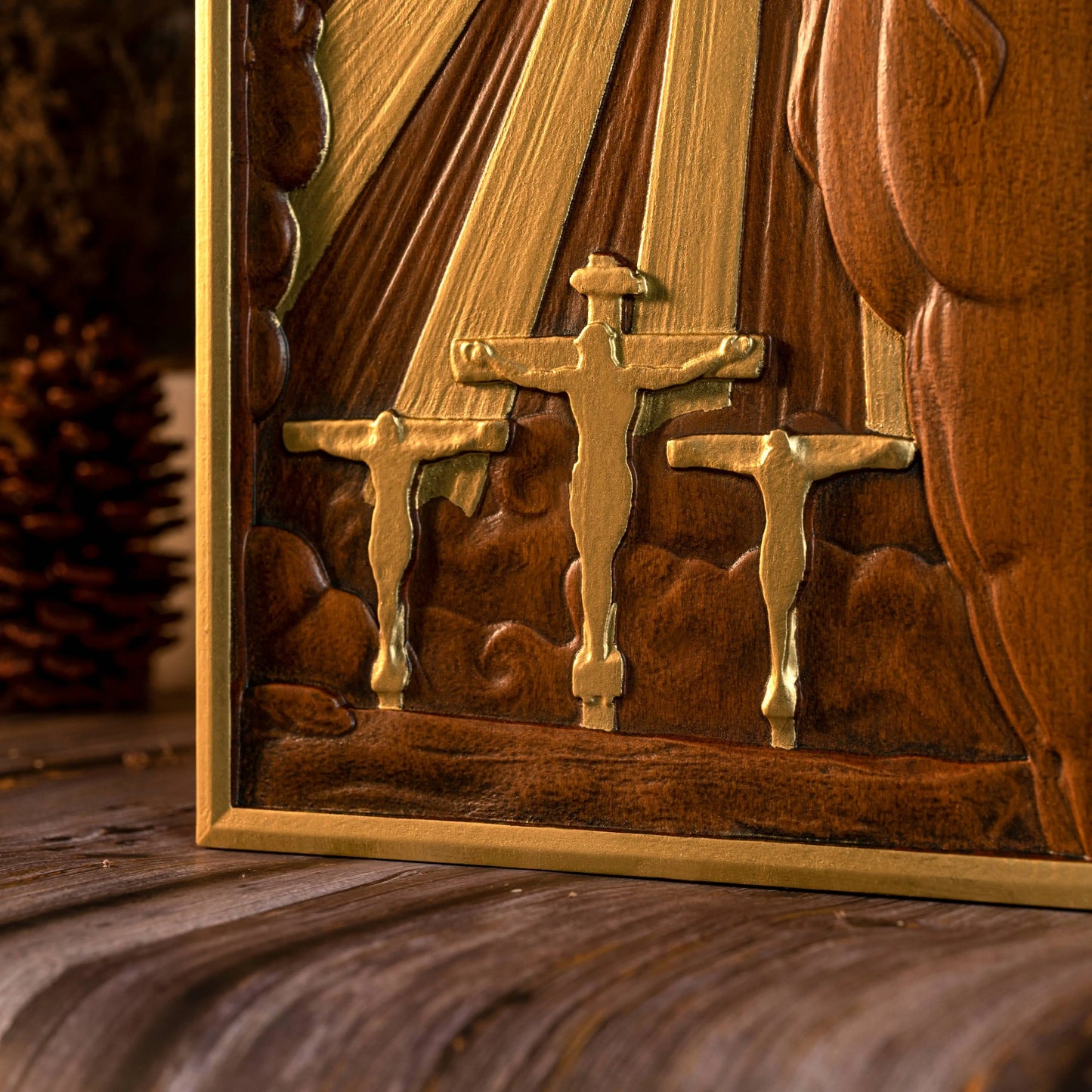 Hand-Carved Crucifix Wood Plaque – Beech Wood Religious Wall Art, Painted Gold,for Home Decor, Christian Wall Hanging, Solid Wood Plaque, Christian Gift