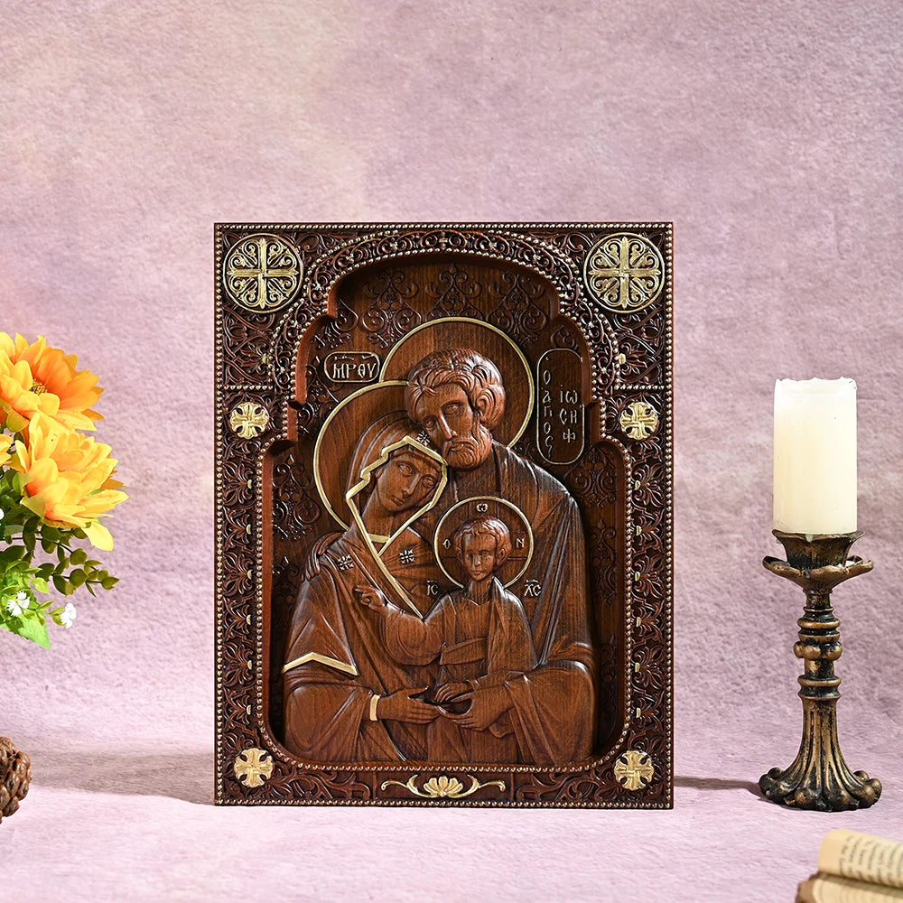 Holy Family hand-carved wooden wall icon