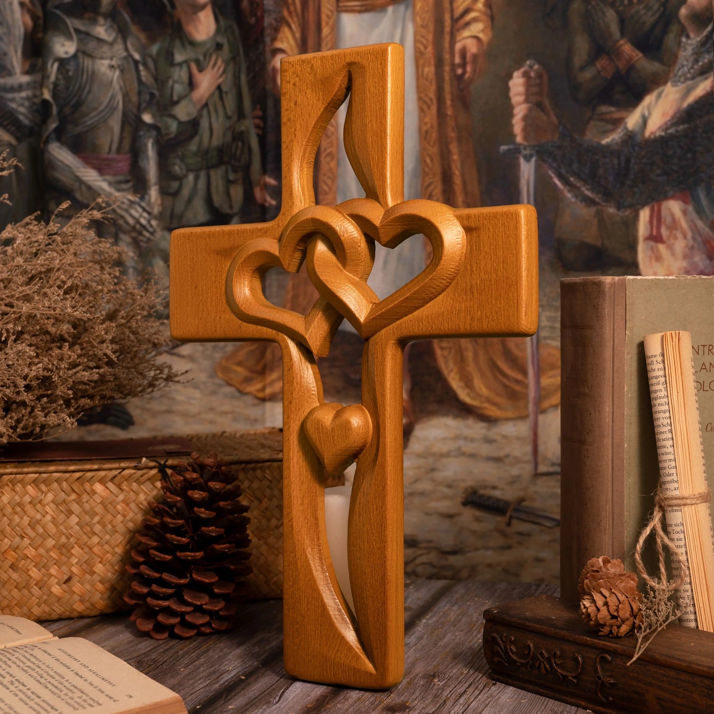 Intertwined Heart Wooden Cross - Hand-Carved Wall Art for Wedding, Anniversary, Valentine's Day, Christian Love Symbol