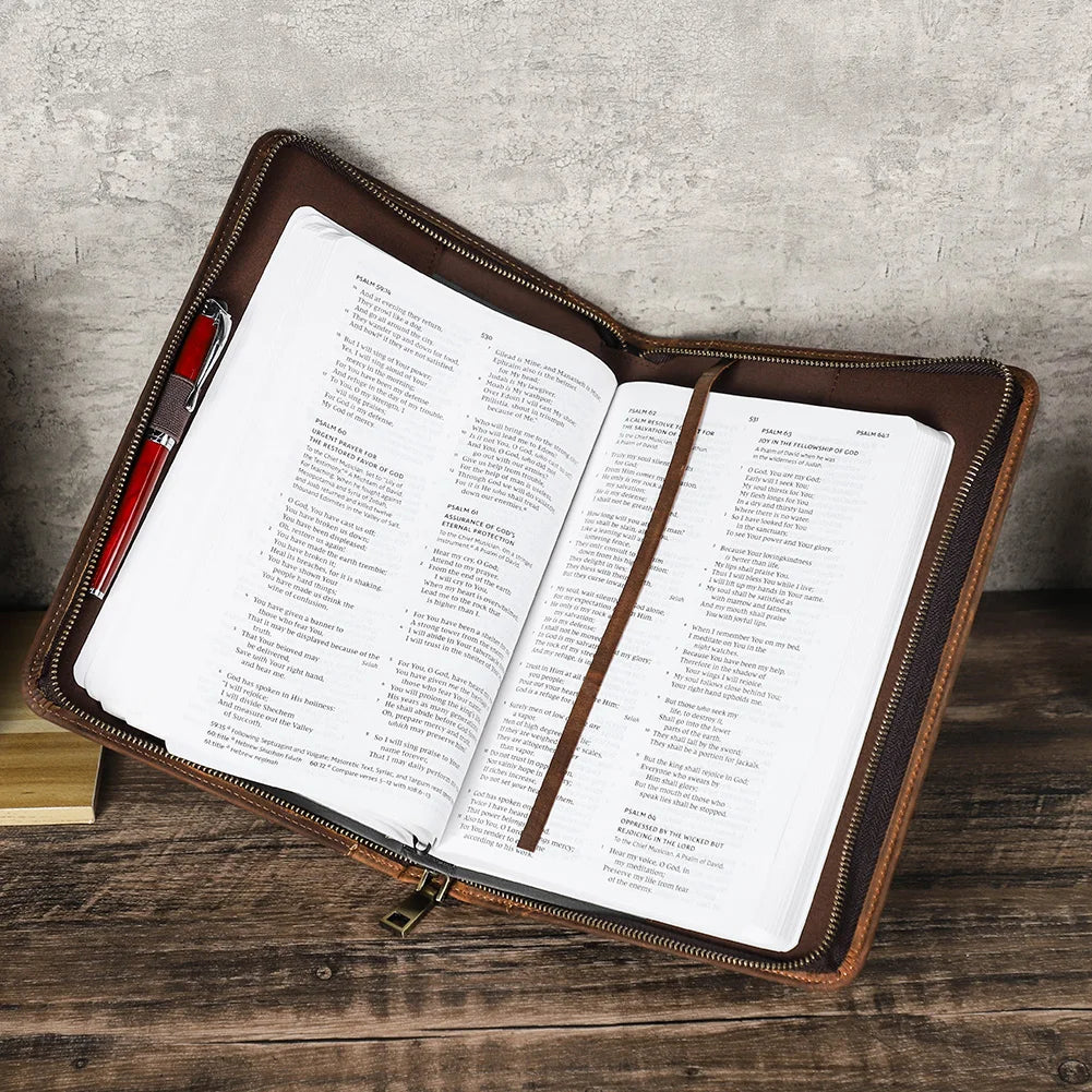 Handmade Genuine Leather Bible Case | Custom Book Cover with Pen Holder & Phone Pocket