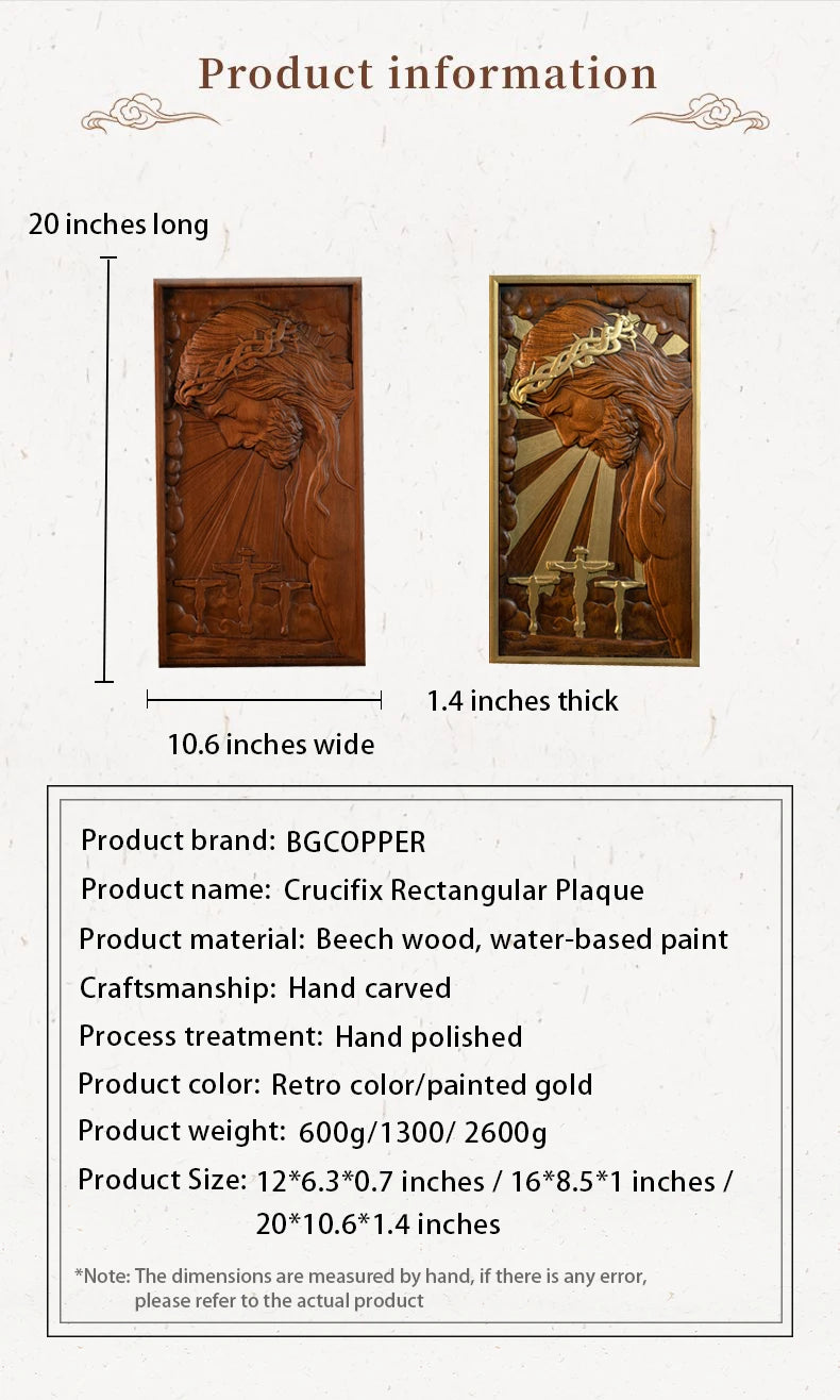 Hand-Carved Crucifix Wood Plaque – Beech Wood Religious Wall Art, Painted Gold,for Home Decor, Christian Wall Hanging, Solid Wood Plaque, Christian Gift