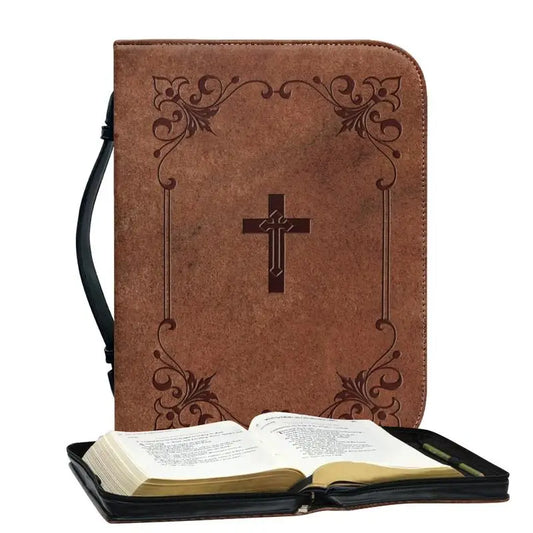 Women Classic Leather Bible Case with Handle – Waterproof Zippered Cover for Travel, Church, and Study
