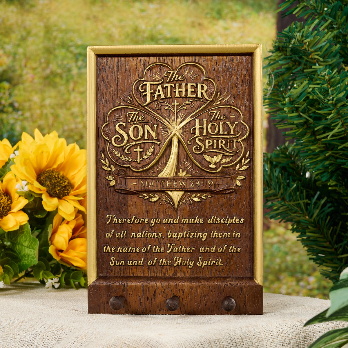 Tree of Life Trinity wooden wall plaque with gold accents, styled with sunflowers