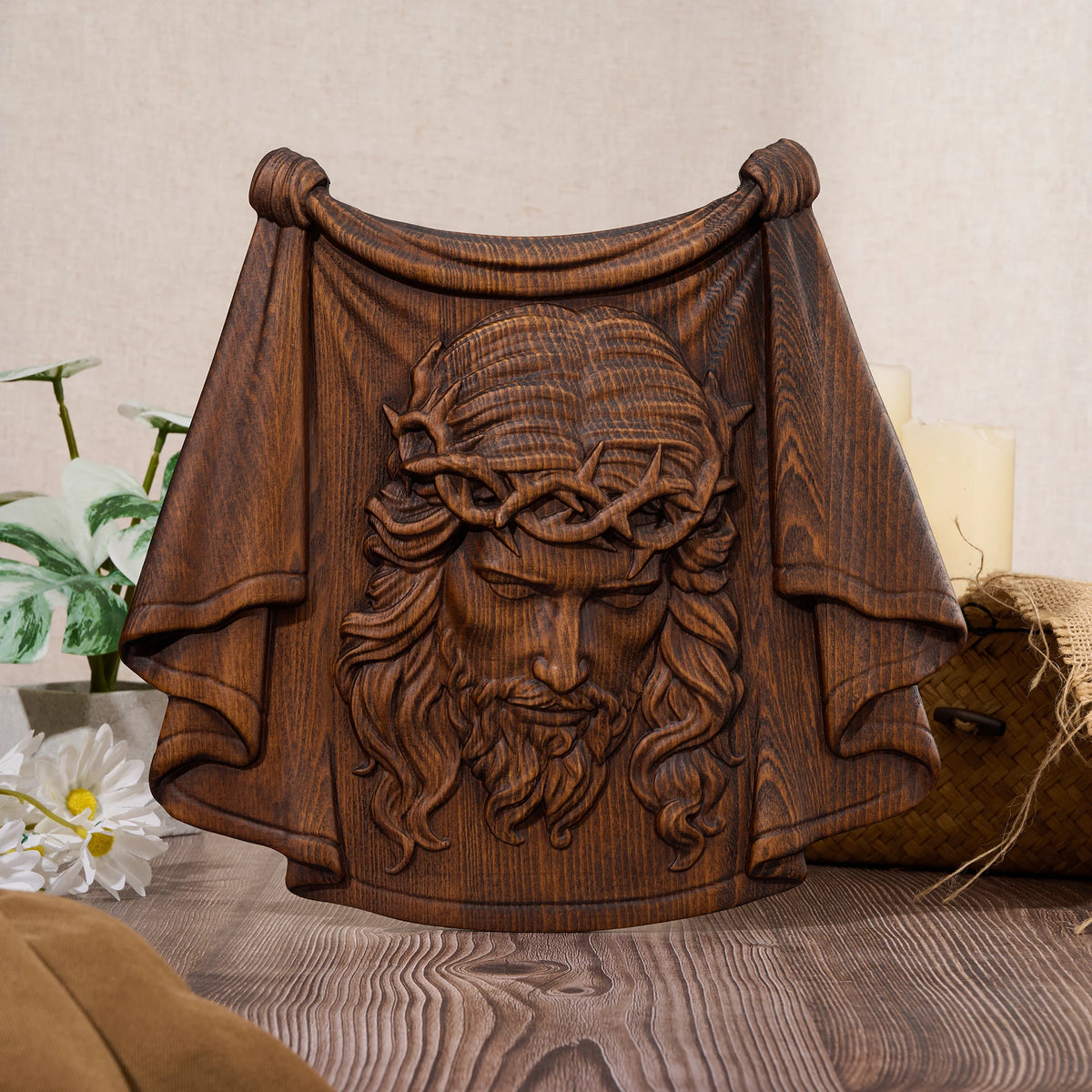 Veronica's Veil hand-carved wooden Jesus portrait wall hanging