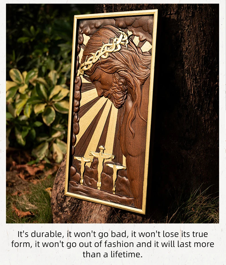Hand-Carved Crucifix Wood Plaque – Beech Wood Religious Wall Art, Painted Gold,for Home Decor, Christian Wall Hanging, Solid Wood Plaque, Christian Gift