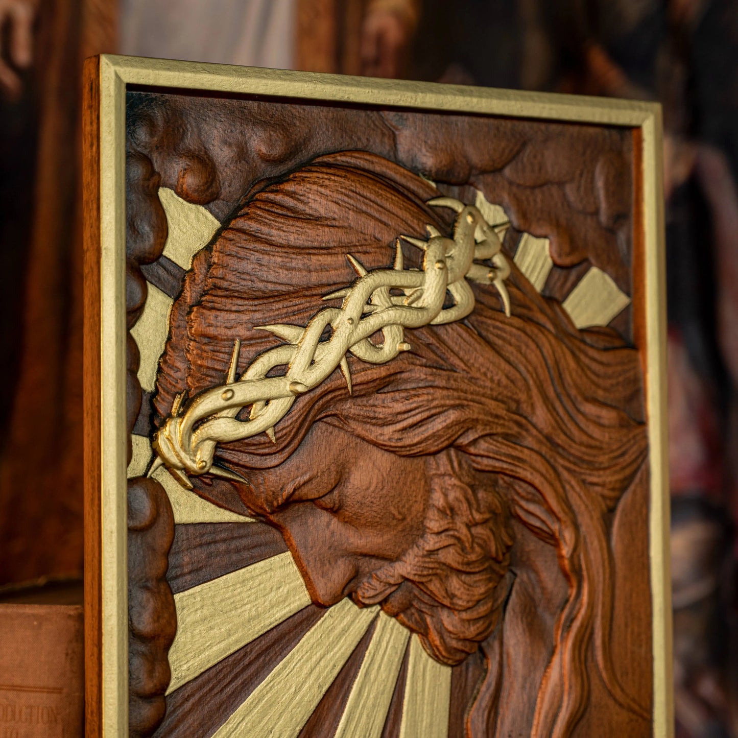 Hand-Carved Crucifix Wood Plaque – Beech Wood Religious Wall Art, Painted Gold,for Home Decor, Christian Wall Hanging, Solid Wood Plaque, Christian Gift