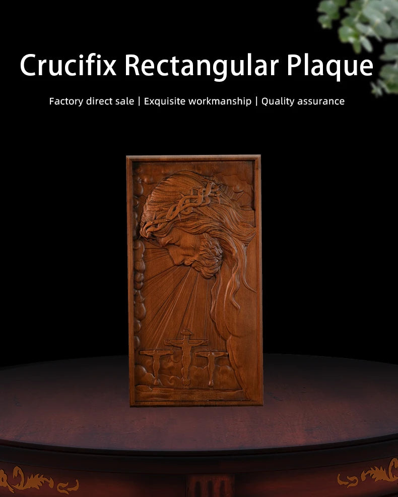 Hand-Carved Crucifix Wood Plaque – Beech Wood Religious Wall Art, Painted Gold,for Home Decor, Christian Wall Hanging, Solid Wood Plaque, Christian Gift