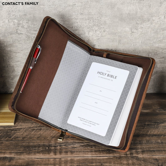 Handmade Genuine Leather Bible Case | Custom Book Cover with Pen Holder & Phone Pocket