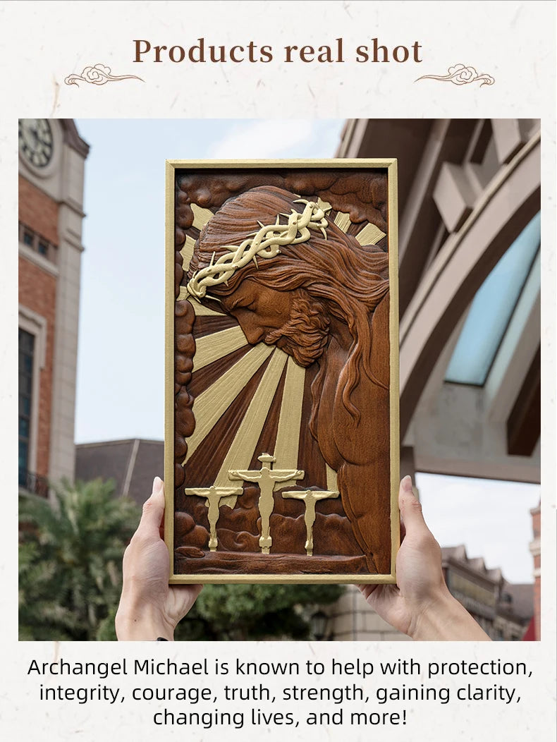 Hand-Carved Crucifix Wood Plaque – Beech Wood Religious Wall Art, Painted Gold,for Home Decor, Christian Wall Hanging, Solid Wood Plaque, Christian Gift