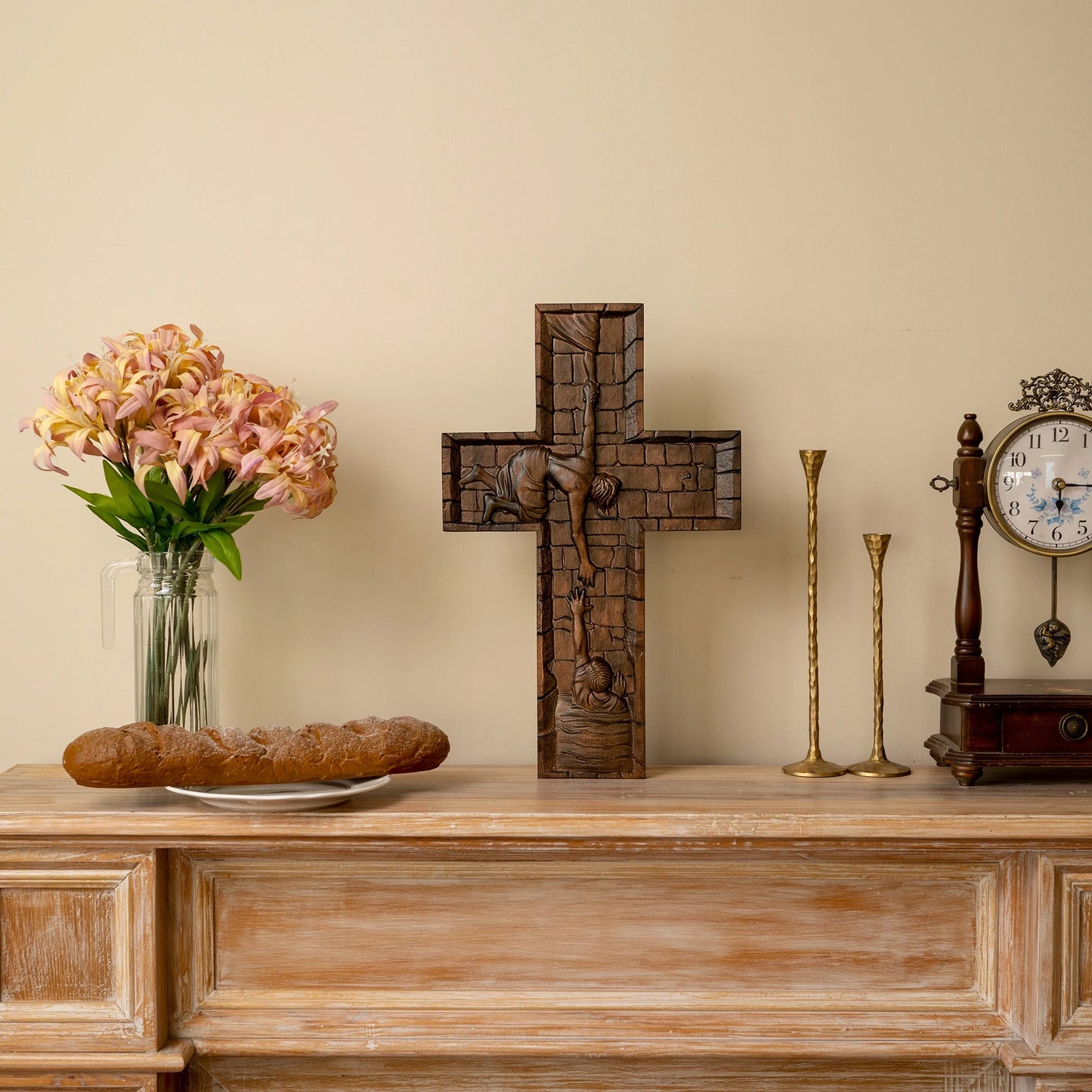 Hand-Carved Wooden Wall Cross – Jesus Christ the Savior | Christian Home Decor & Baptism Gift