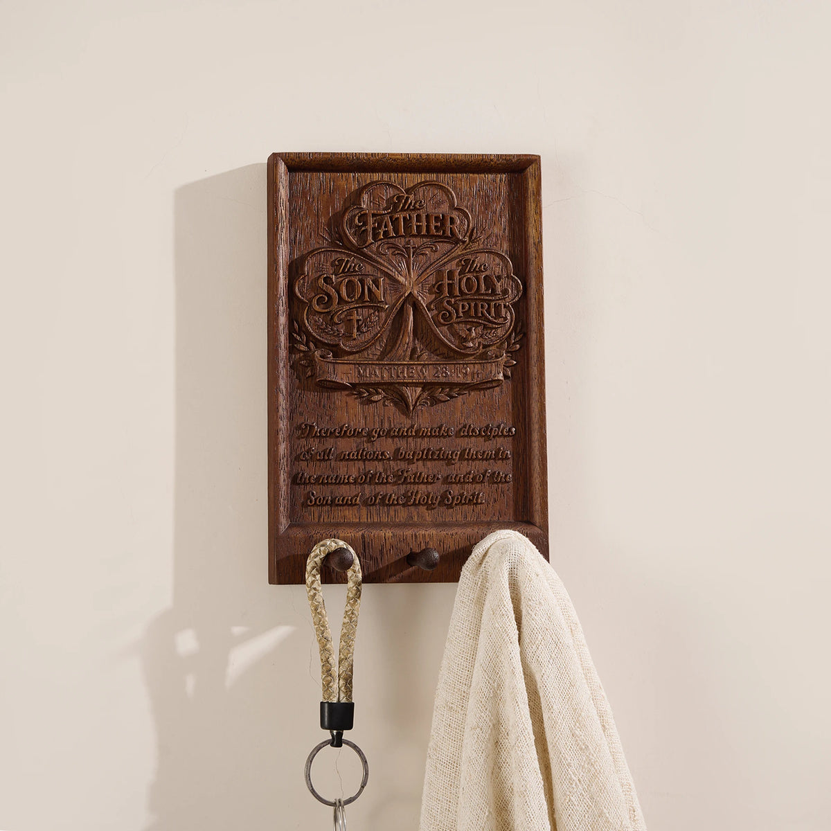 Tree of Life Trinity wooden wall plaque with hooks, full front view