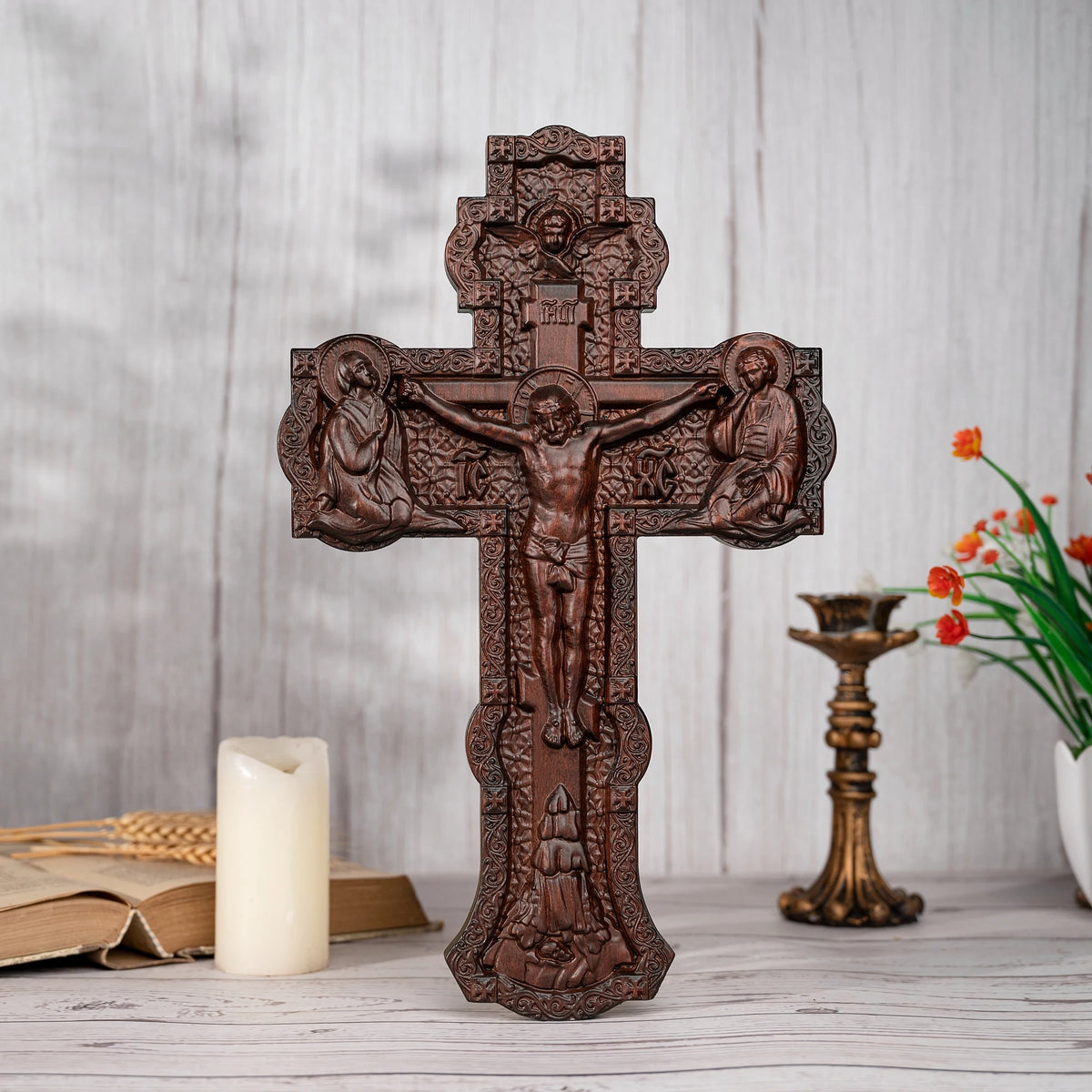 Russian Orthodox hand-carved wooden wall cross