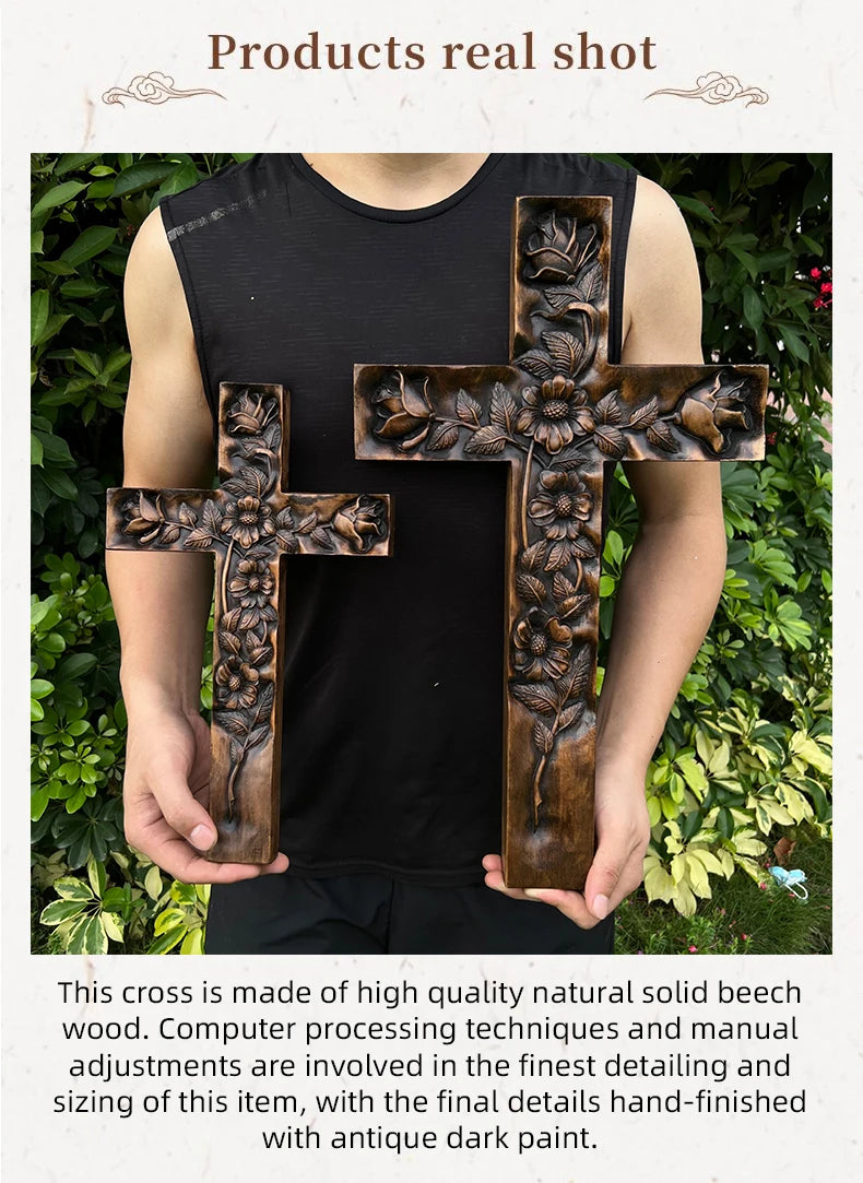 Two sizes of the dark, carved wooden cross with floral relief being held up by a person against a green leafy background. The text below, under the title 'Products real shot,' describes the cross as made of high-quality natural solid beech wood, with computer processing and manual hand-finishing with antique dark paint.