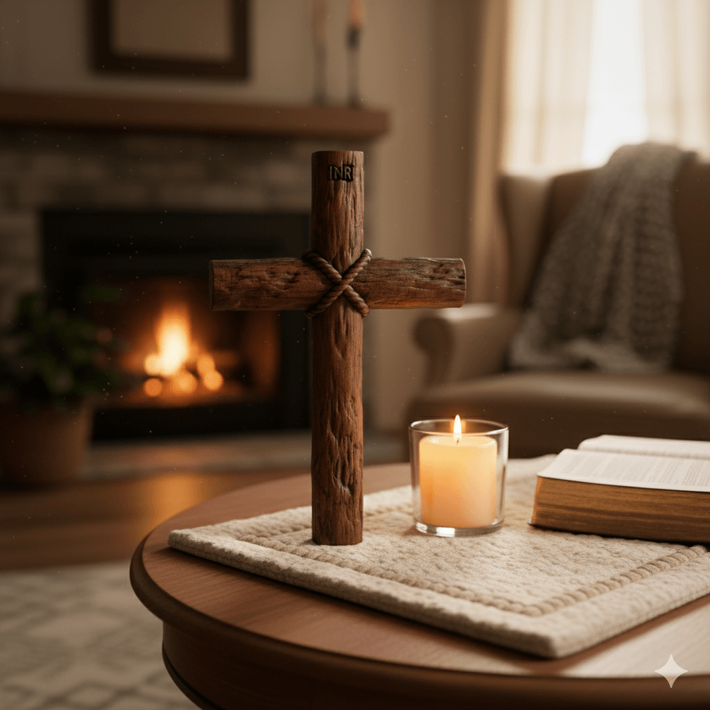 Wooden cross and Bible on a table with a lit candle, set in a cozy living room with a blanket on a chair