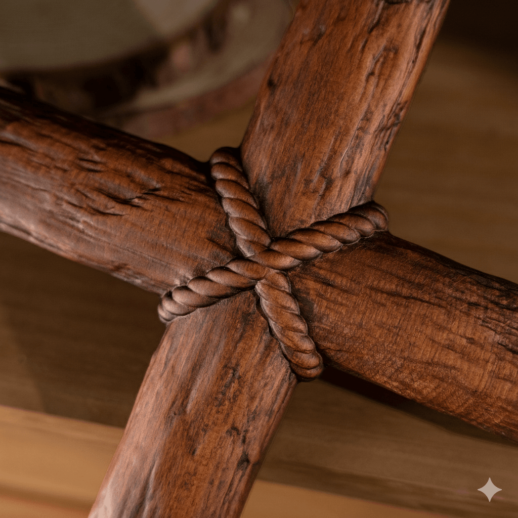 Close-up of the wooden cross and a lit candle on a small table, with a warm fireplace in the blurred background