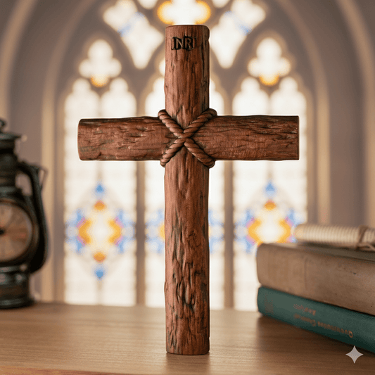 Wooden cross with knotted design on a surface with books and a lantern in the background.