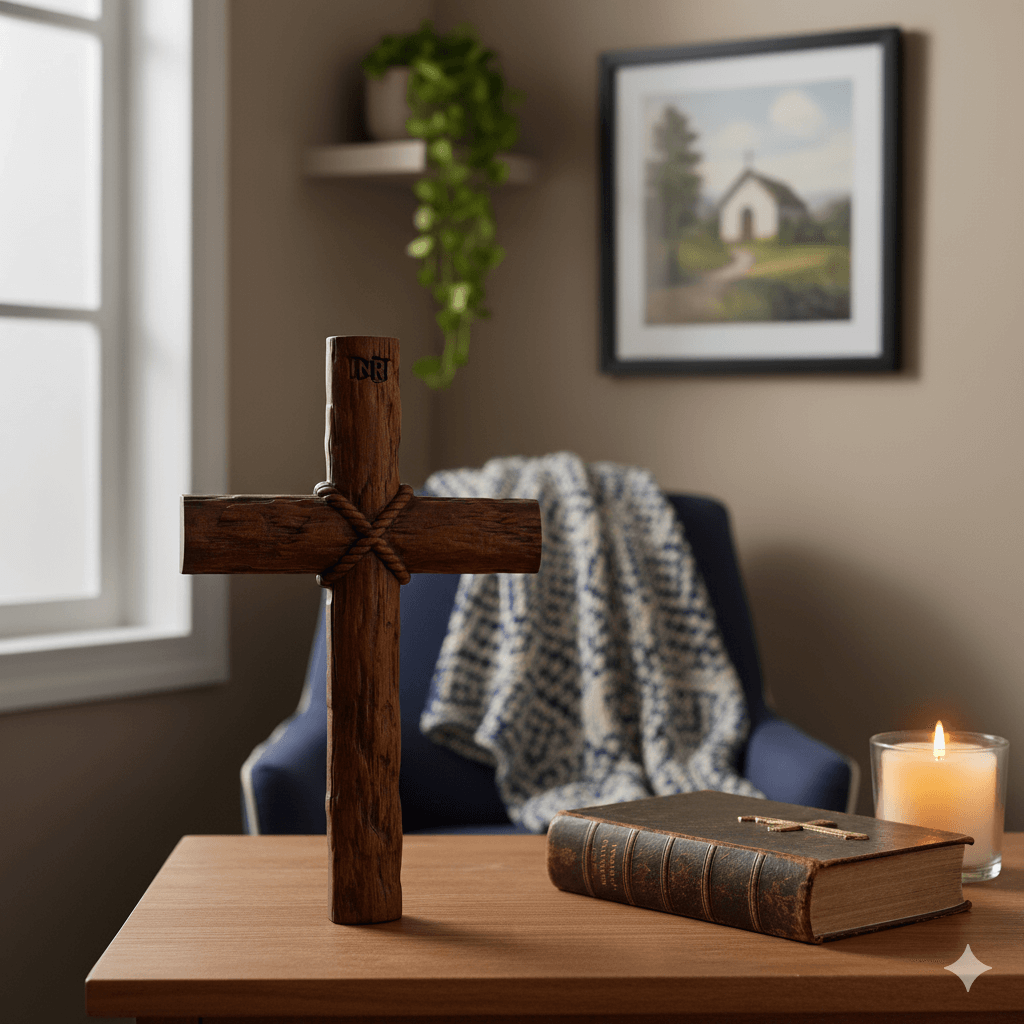 A rustic wooden cross displayed on a wooden table with a leather-bound Bible and a lit candle, set in a cozy, softly lit prayer nook