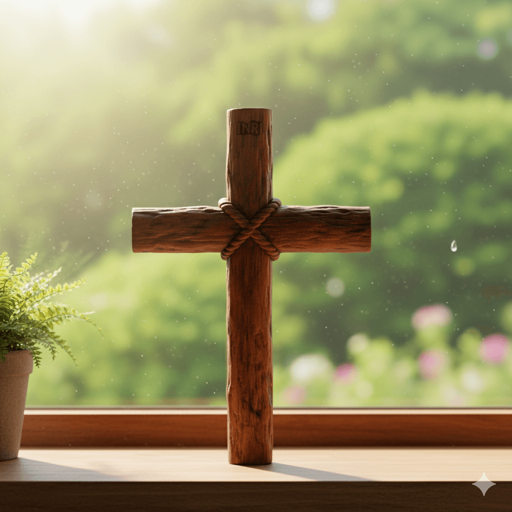 Wooden cross on a windowsill with a blurred green garden background