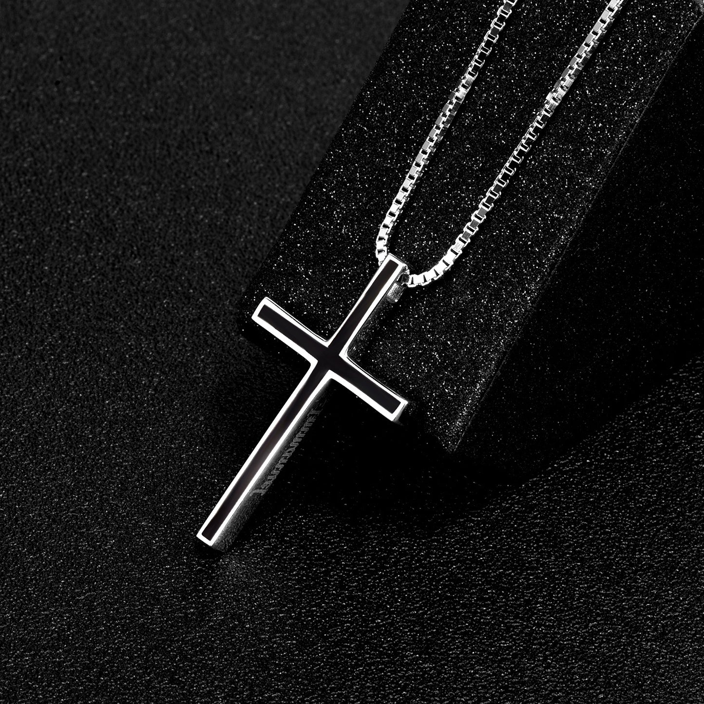 925 Sterling Silver Black Cross Pendant – Classic Christian Necklace for Men, White Gold Plated, 24” Chain