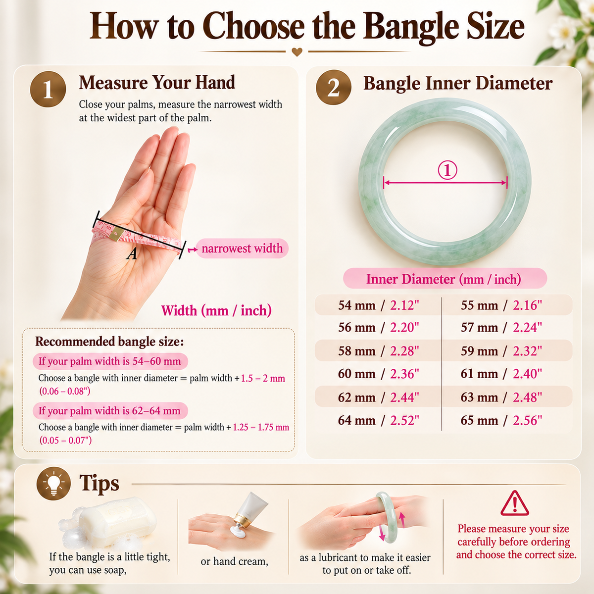 Bangle size guide showing how to measure hand width and choose the correct inner diameter
