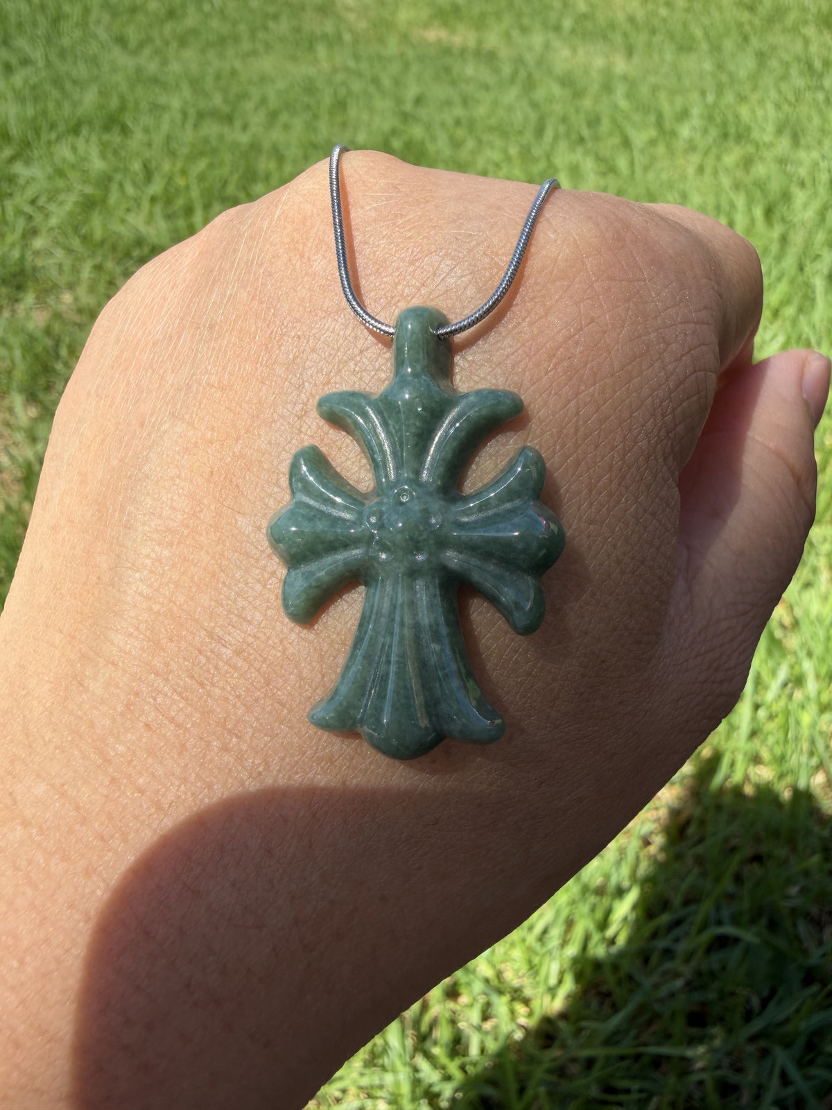 Natural Grade A Bean Green Jadeite Cross Pendant